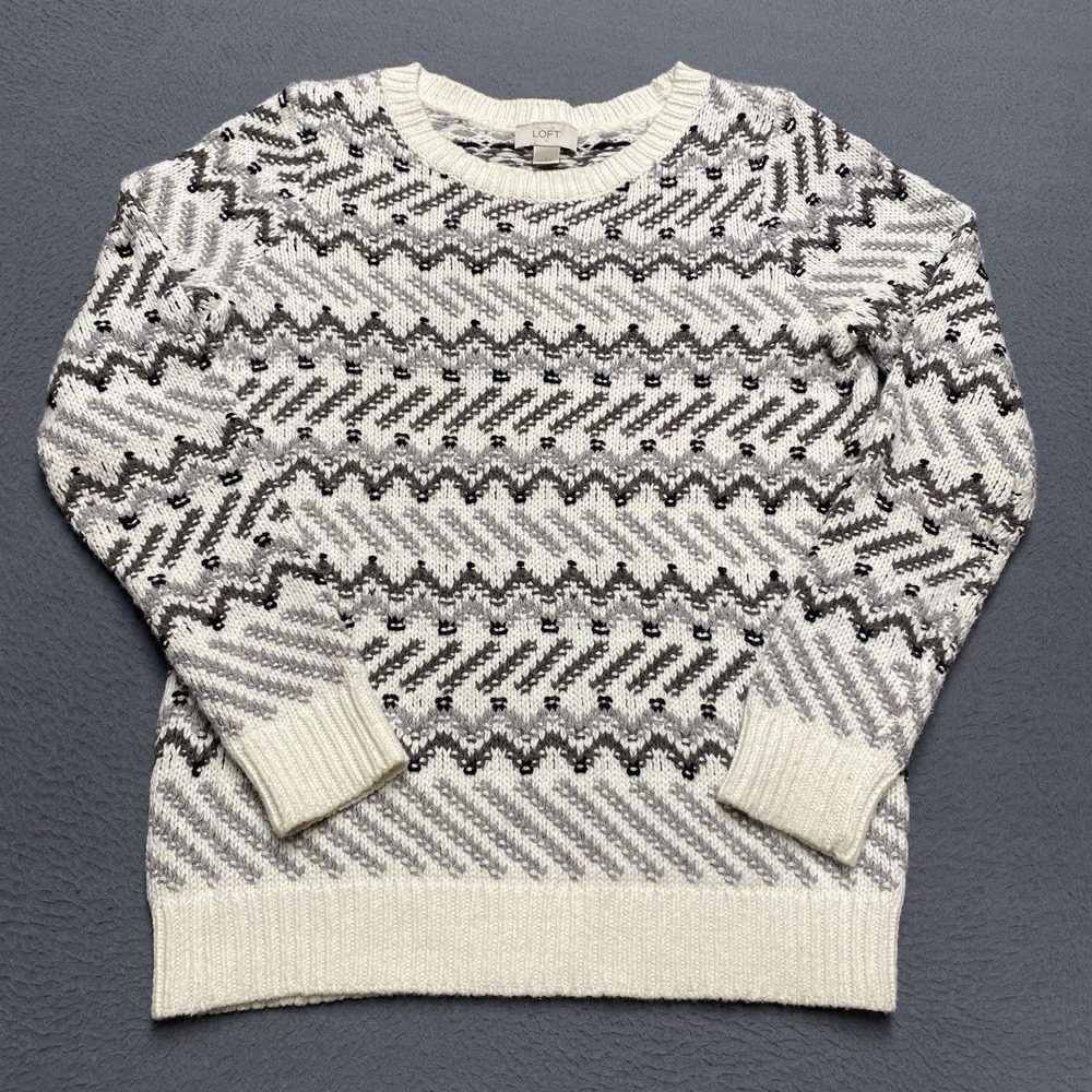 LOFT Sweater Pullover Womens Small White Fair Isle Chunky-Knit‎ Crew Neck Cozy